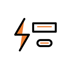 Line art of a power icon and USB-A and USB-C plugs.